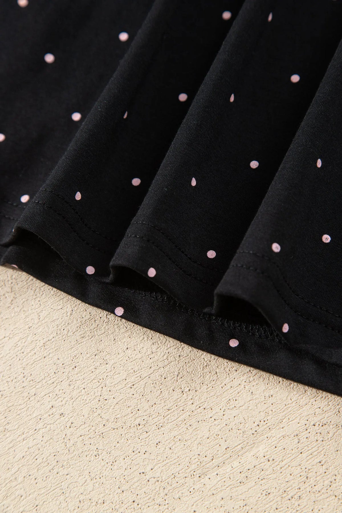Black Polka Dot Long Sleeve Shirt Lace Detail Two Piece Pajama Pant Set