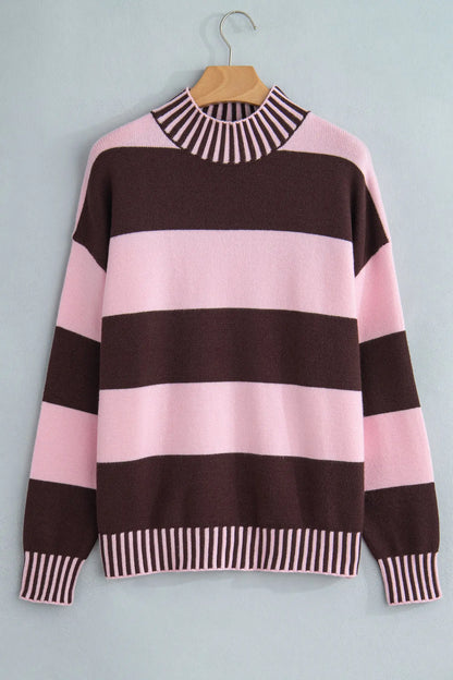 Pink Stripe Contrast High Neck Dropped Shoulder Relaxed Pullover Sweater
