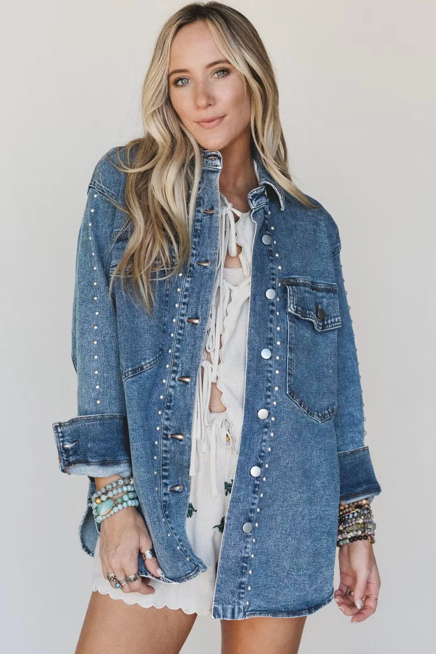 Sail Blue Rivet Embellished Western Style Regular Fit Long Sleeve Denim Jacket