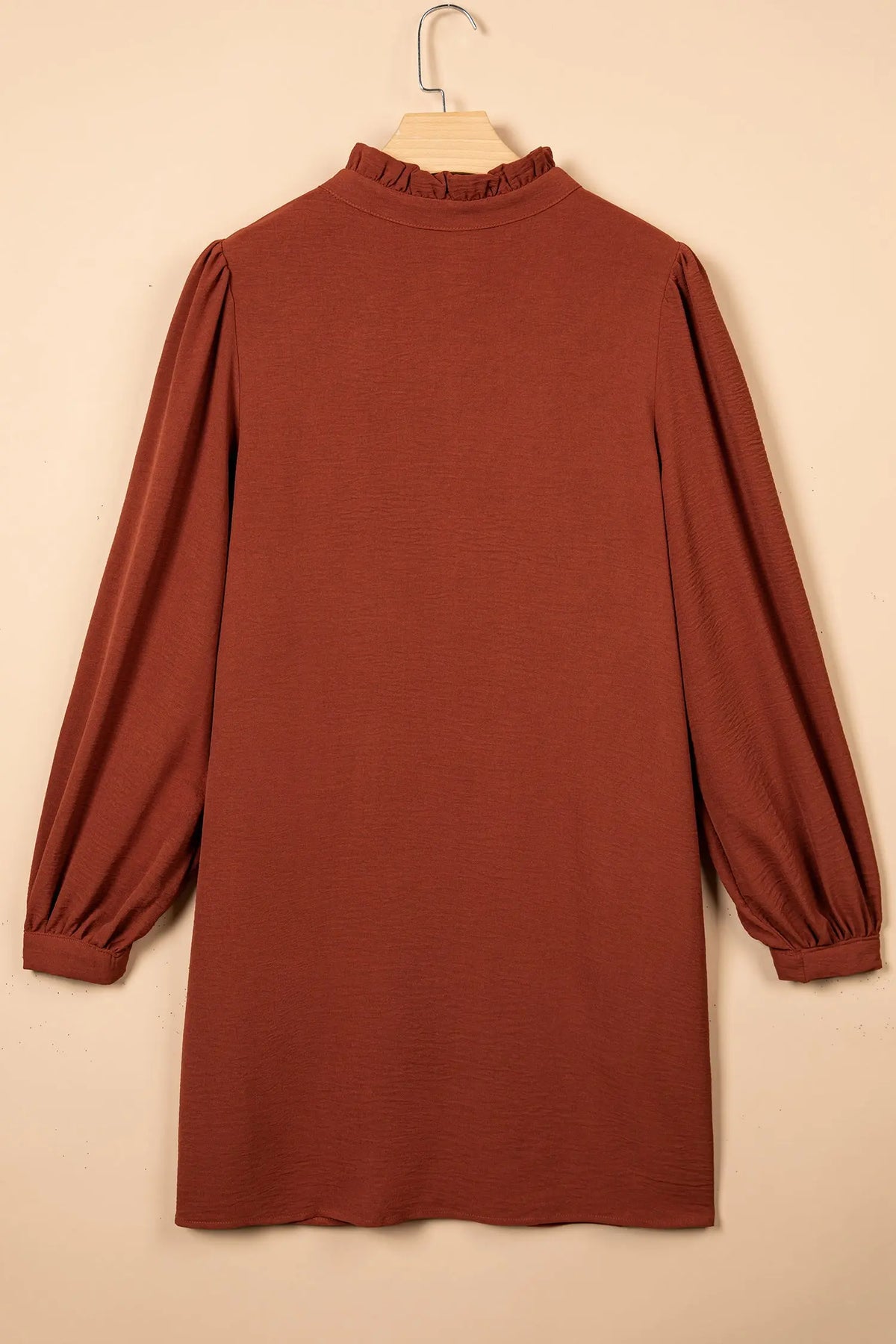 Coffee solid shift long sleeve short length one piece dress flat lay view · nz-alt-v1