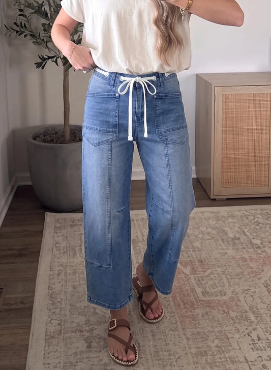 Beau Blue Solid Patchwork Grommet Tie Waist Loose Ankle-Length Jeans