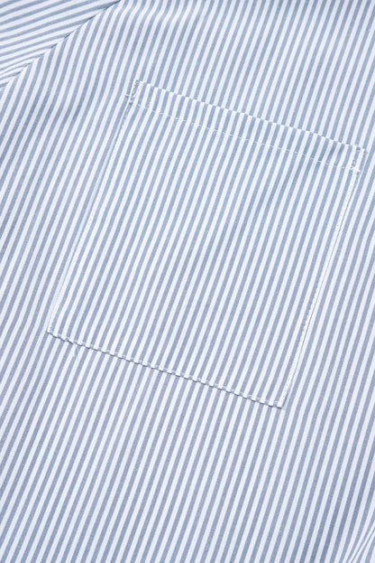 Gray Pinstripe Long Sleeve Smocked Cuffs Button Shirt Collar Blouse