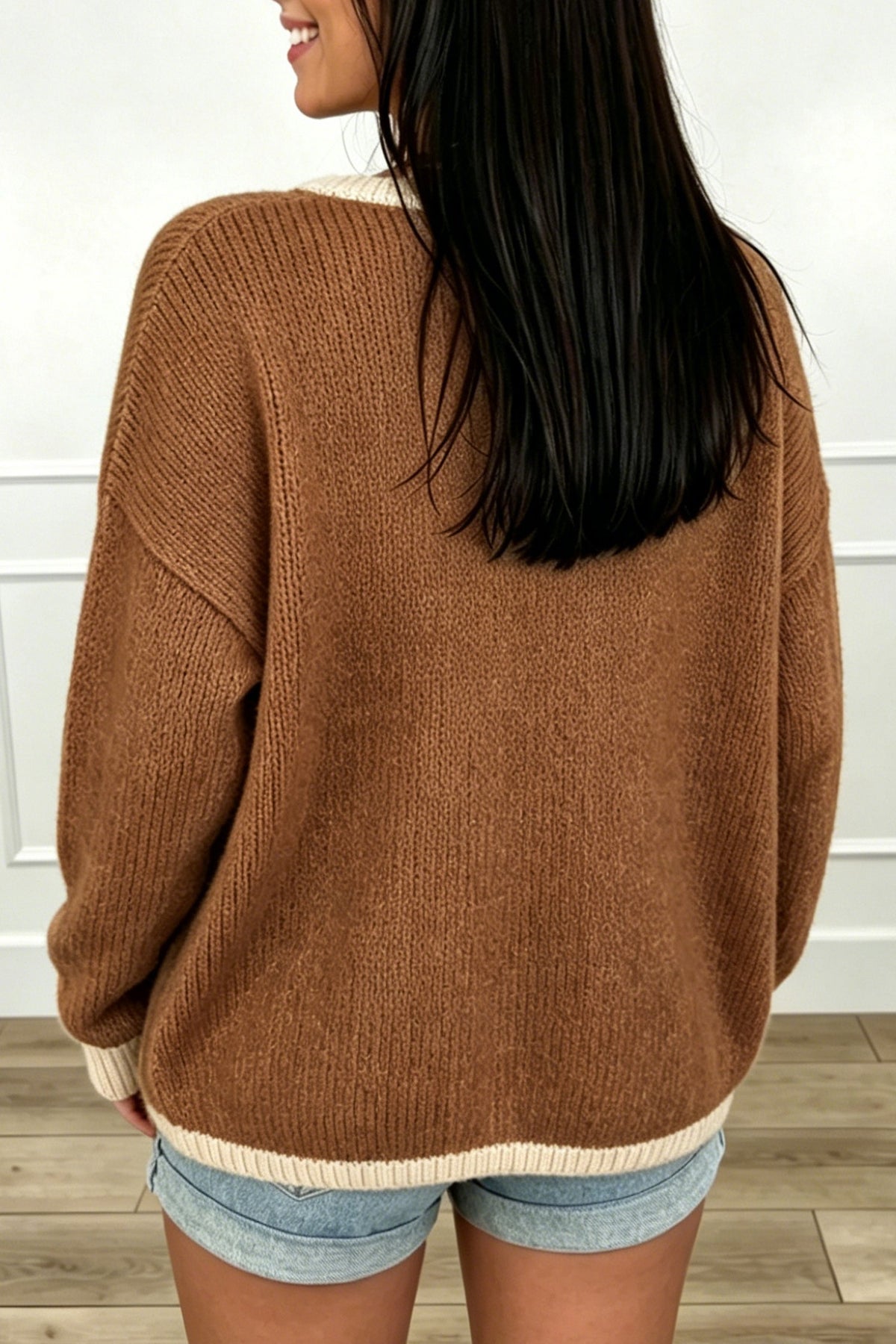 Chestnut Contrast Trim V-Neck Tie Front Loose Sweater Cardigan