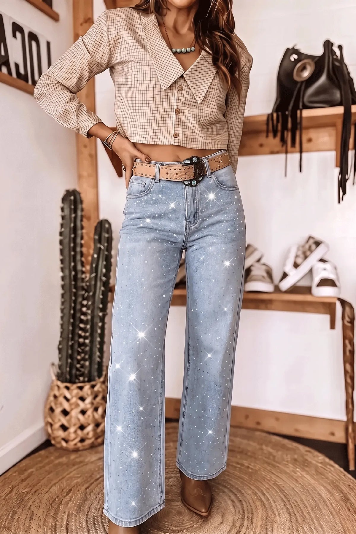 Beau Blue Sparkle Detail Western Casual Shift Jeans