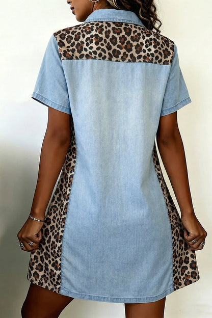 Myosotis Denim Color Block Leopard Patchwork Shirt Collar T Shirt Mini Dress Dear-Lover Dropshipping