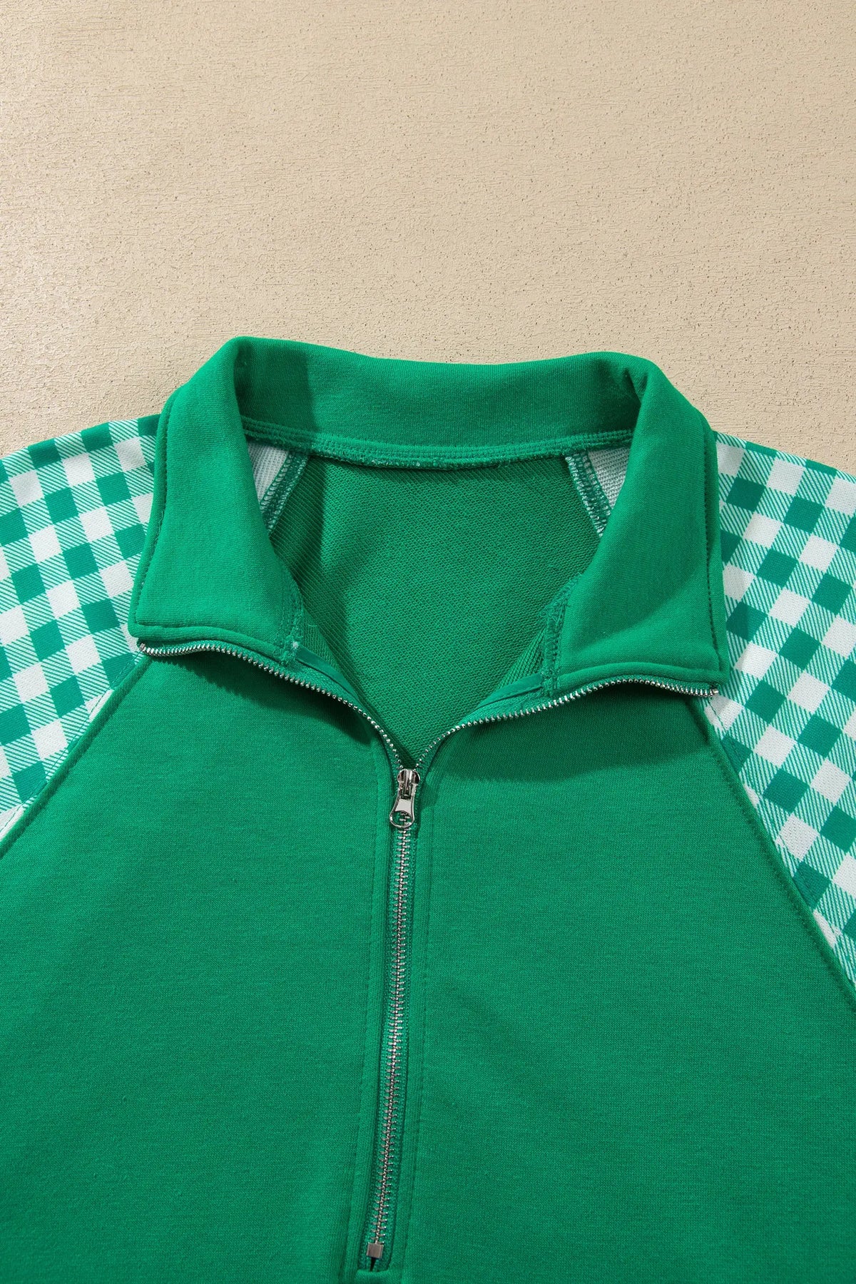 Bright Green Plaid Patchwork Half Zip Pullover Drawstring Short Set