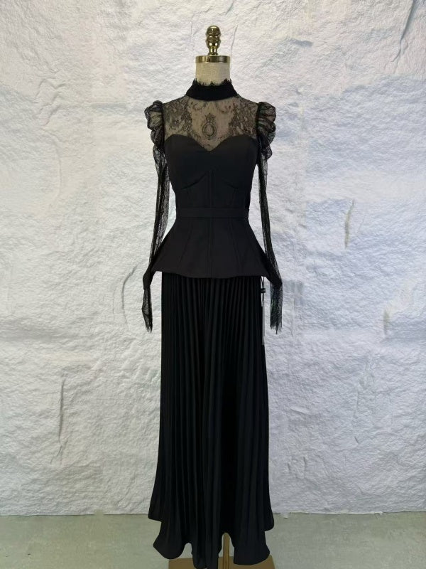 Lace Sleeve Peplum Pleated Maxi Dress mannequin view · nz-alt-v1