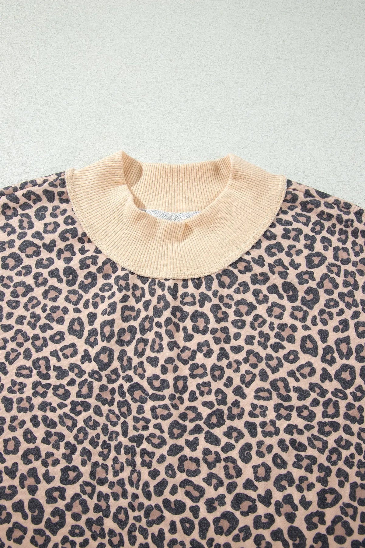 Brown Leopard Print High Neck Long Sleeve Ribbed Cuffs Hem Sweatshirt