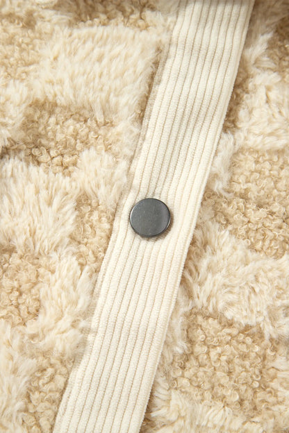 Khaki Plush Checkered Corduroy Trim Metal Button Long Sleeve Shift Silhouette Shacket