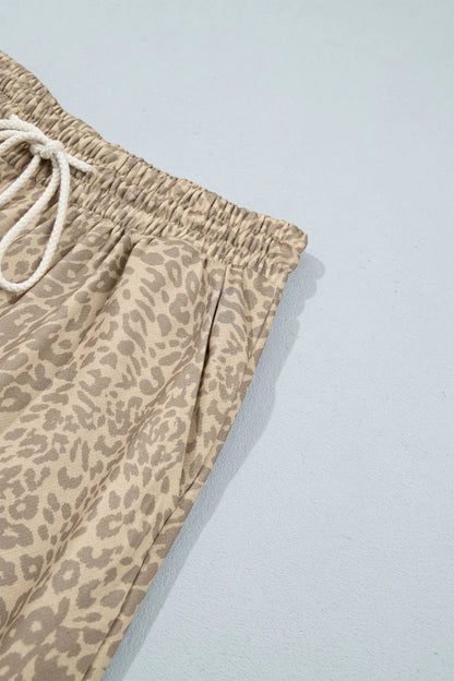 Khaki Leopard Star Print Long Sleeve Loose Casual Two Piece Pants Set