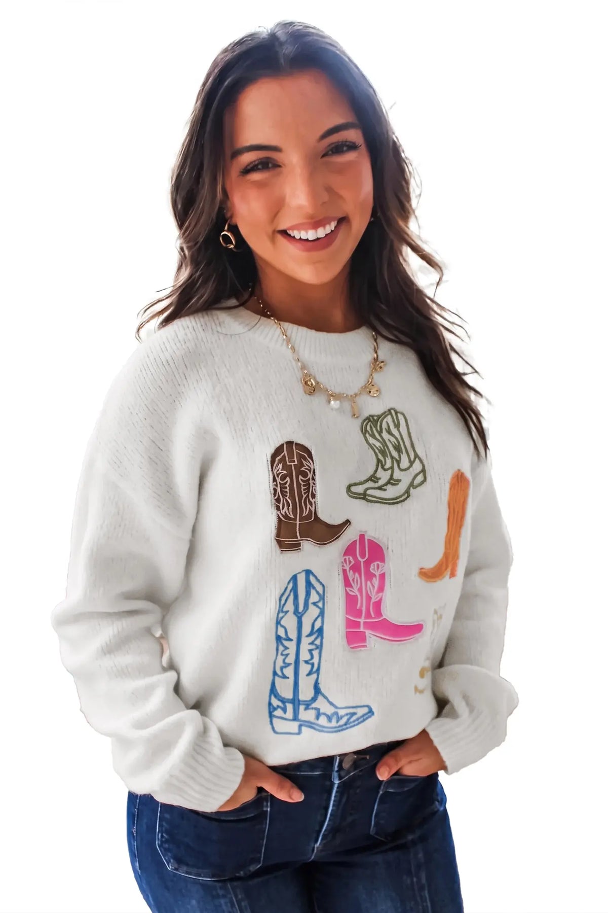 White western boots embroidered graphic drop shoulder pullover sweater, model front view · nz-alt-v1