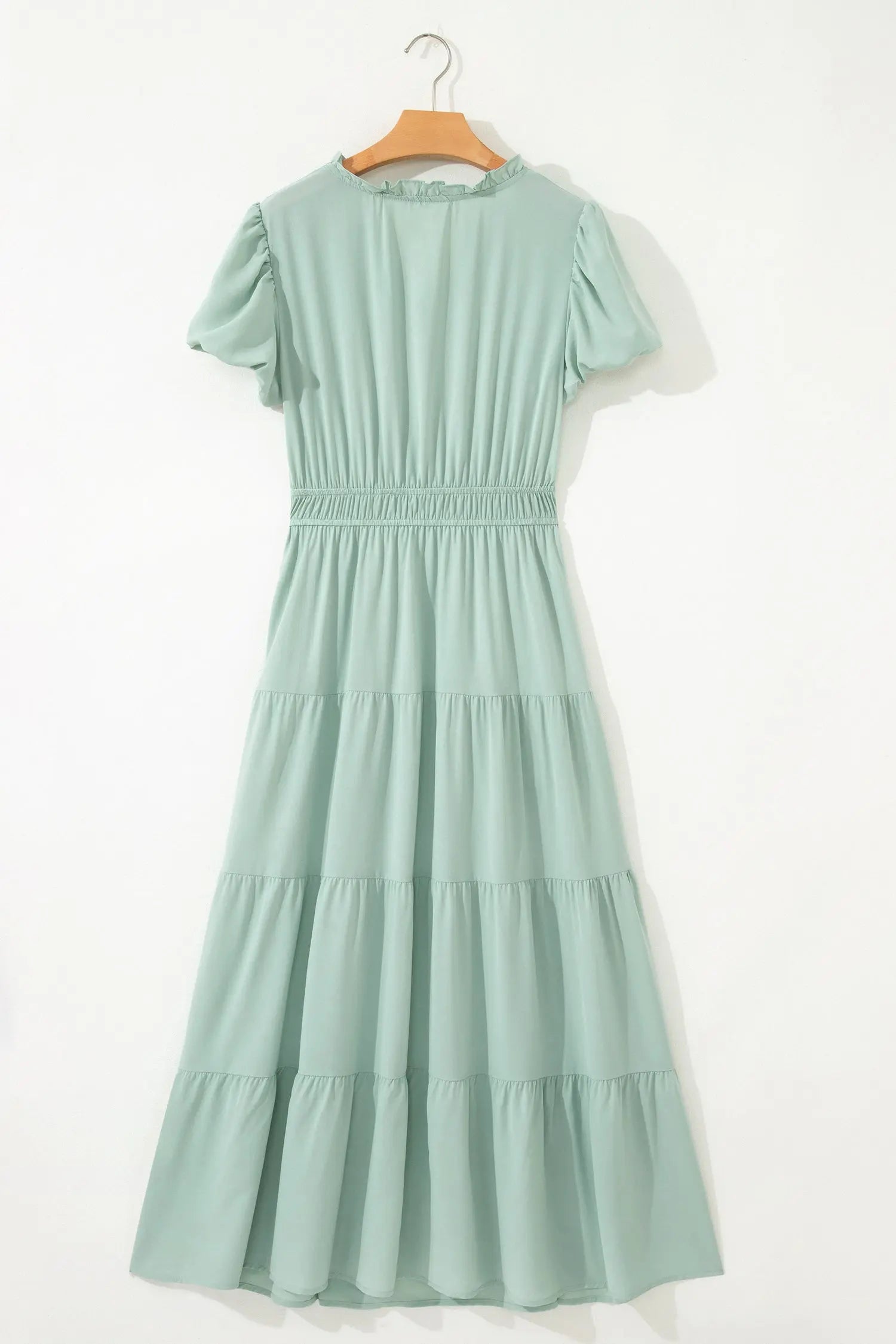 Bright Green Solid Color V Neck Short Puff Sleeve High Waist Tiered Maxi Dress - Casual Dresses