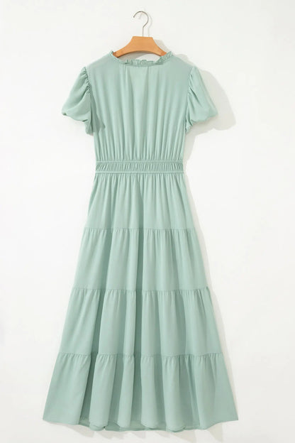 Bright Green Solid Color V Neck Short Puff Sleeve High Waist Tiered Maxi Dress - Casual Dresses