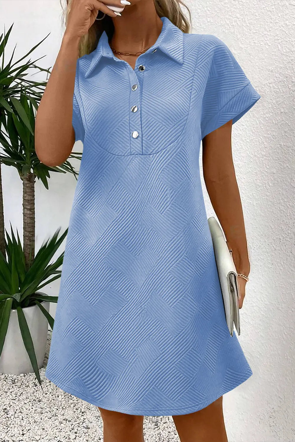 Sky Blue Solid Color Textured Short Sleeve A Line Mini Dress