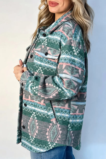 Green Geometric Print Button Front Long Sleeve Shacket