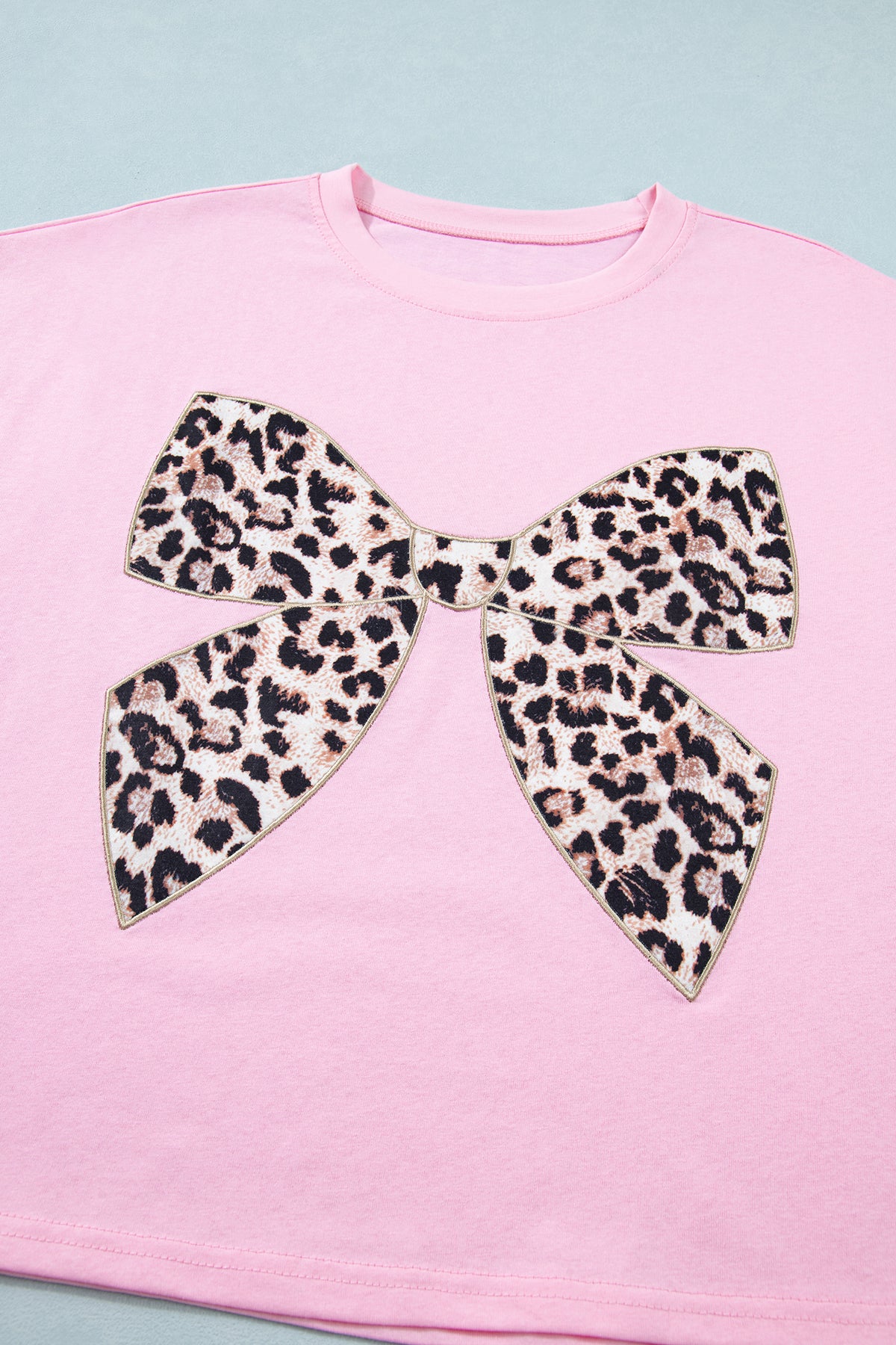 Leopard Bow Embroidered Cotton Round Neck T Shirt