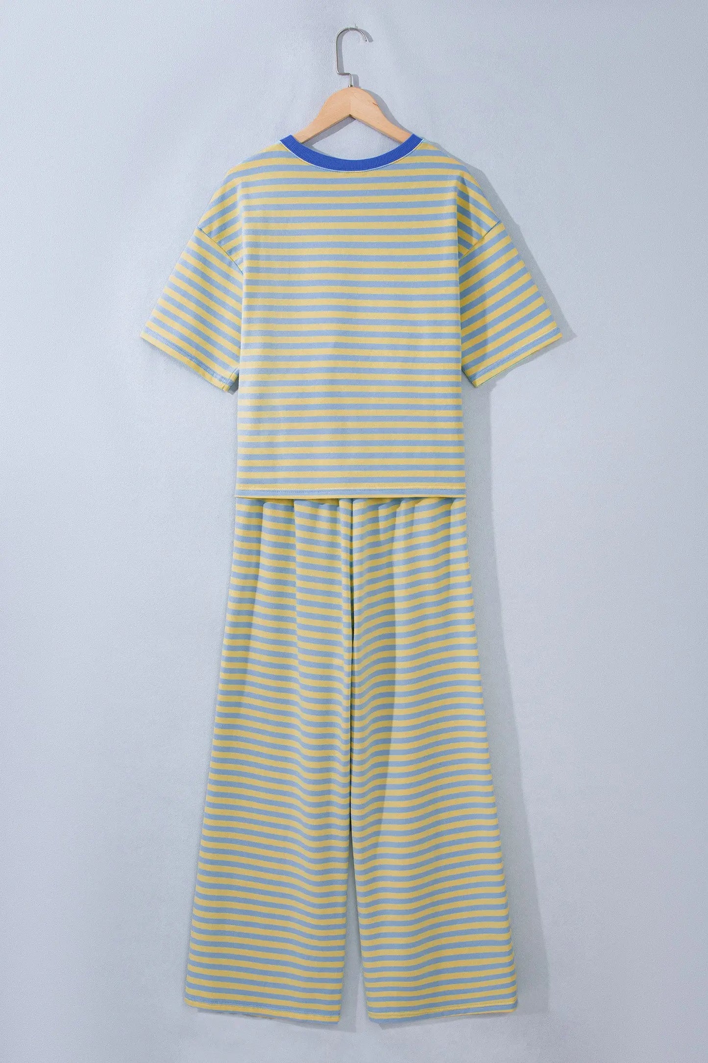 Yellow Stripe Colorblock Trim Crew Neck Loose Tee Drawstring Elastic Waist 2pcs Pant Set
