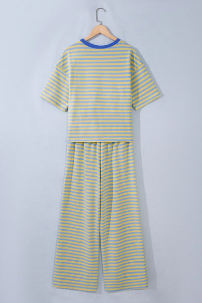 Yellow Stripe Colorblock Trim Crew Neck Loose Tee Drawstring Elastic Waist 2pcs Pant Set