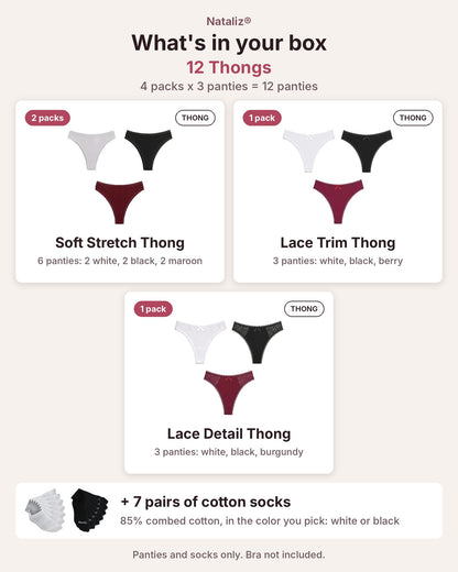 Stock-Up Bundle: 12 Women's 95% Cotton Panties + 7 Pairs Cotton Socks