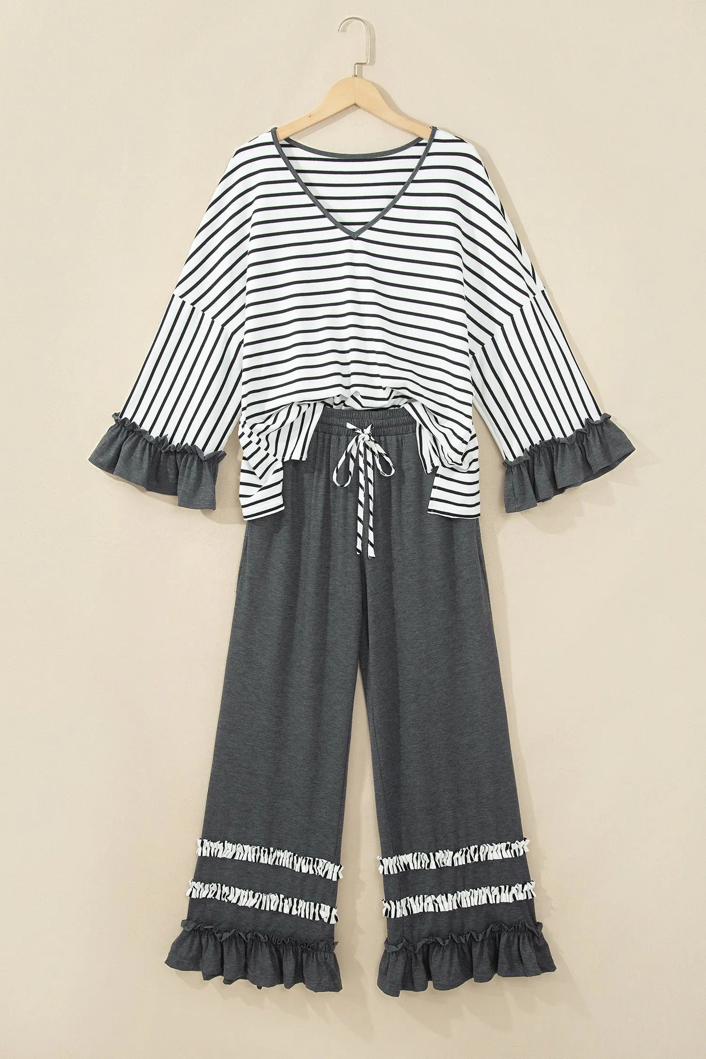 Gray Stripe V Neck Ruffle Contrast Sleeve Top Drawstring Pants 2pcs Set