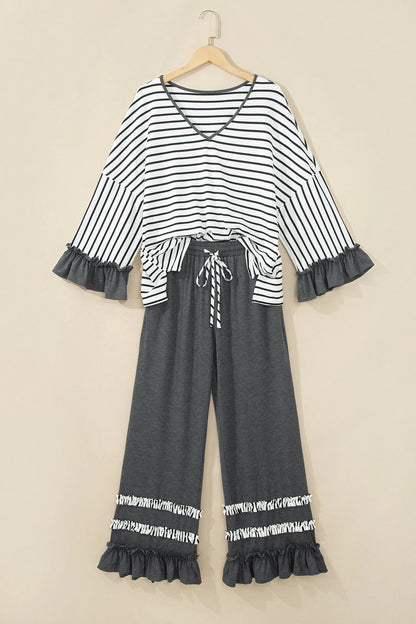 Gray Stripe V Neck Ruffle Contrast Sleeve Top Drawstring Pants 2pcs Set