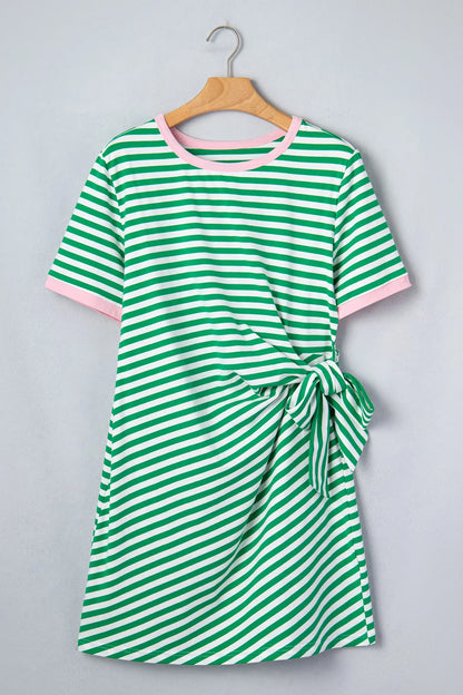 Sky Blue Stripe Nautical Tie Contrast Trim Round Neck T Shirt Mini Dress Nataliz