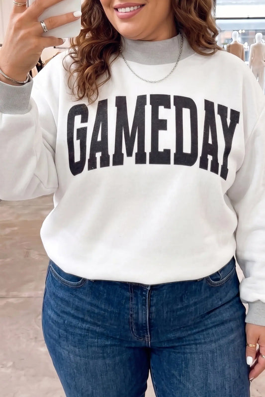Light Grey GAME DAY/ FOOTBALL Letter Print Reversible Plus Size Sweatshirt GAMEDAY side model front view · nz-alt-v1