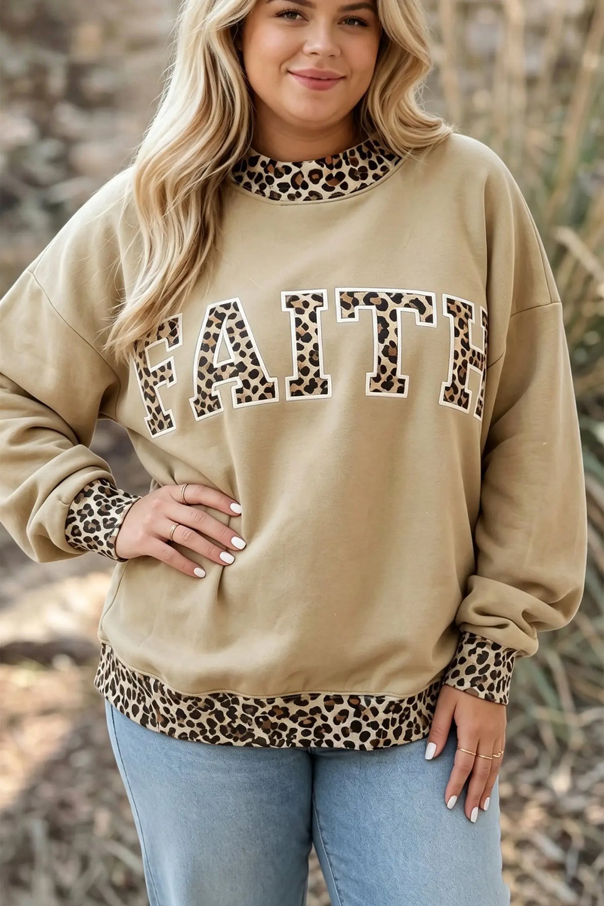 Parchment plus size leopard trim FAITH graphic sweatshirt, model front view · nz-alt-v1