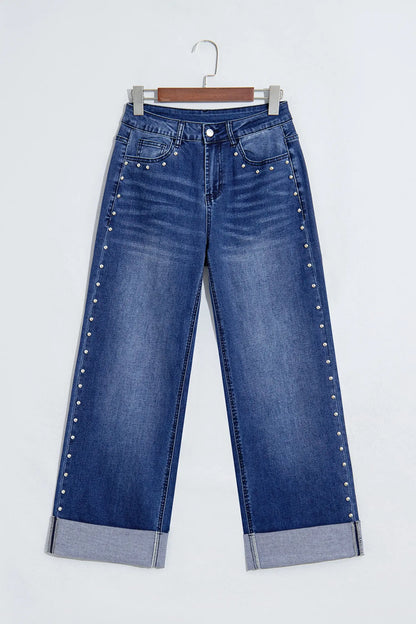 Black Studded Detail Straight Leg Casual Loose Jeans