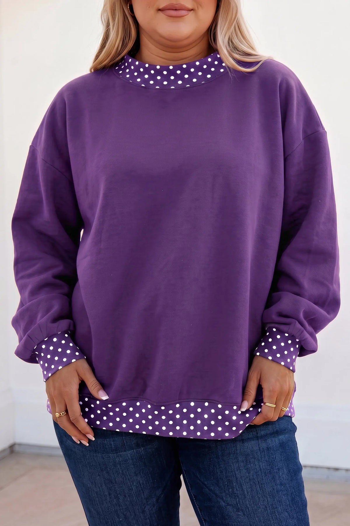 Tillandsia purple polka dot patchwork round neck plus size sweatshirt model front view · nz-alt-v1