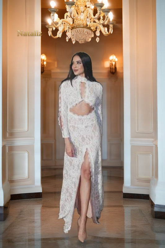 High-Neck Cut-Out Maxi Dress with Thigh Slit model front view