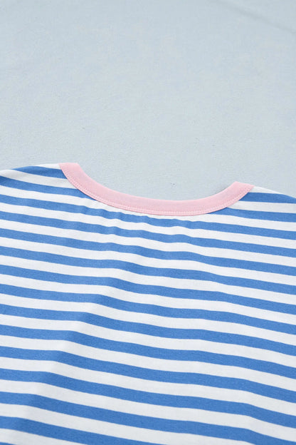 Sky Blue Stripe Nautical Tie Contrast Trim Round Neck T Shirt Mini Dress Nataliz