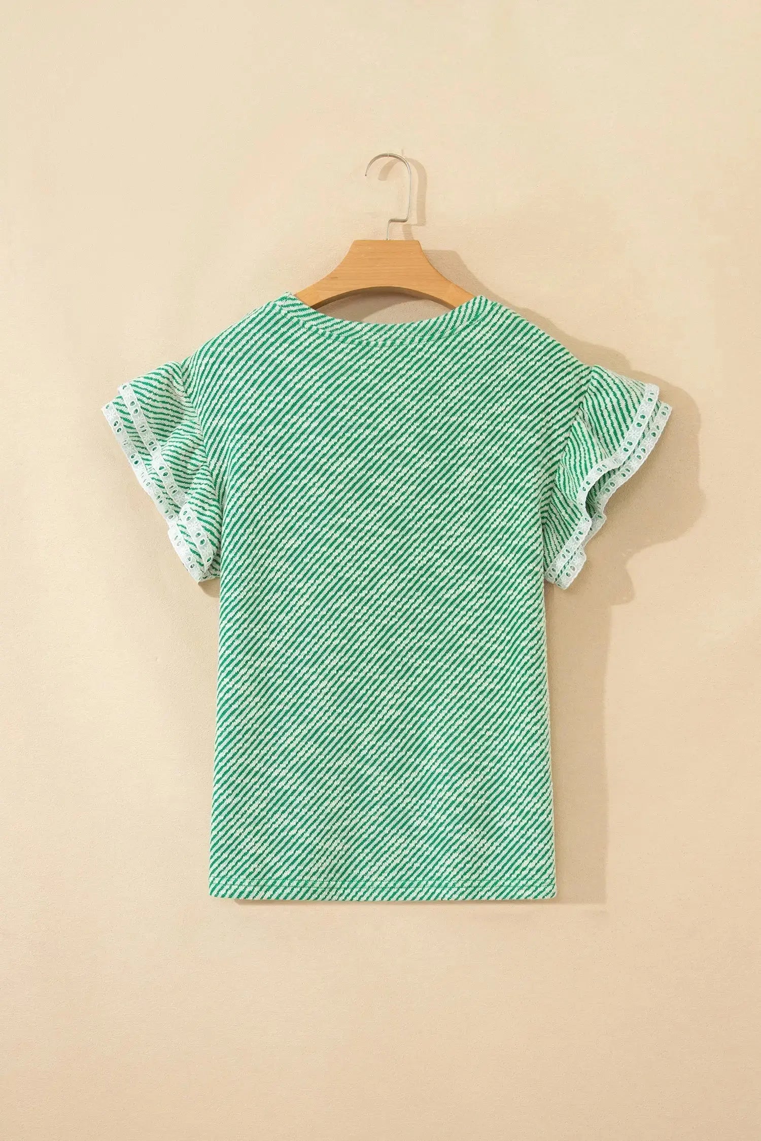 Clearly Aqua Twilled Print Lace Trim Ruffled Short Sleeve Blouse Nataliz