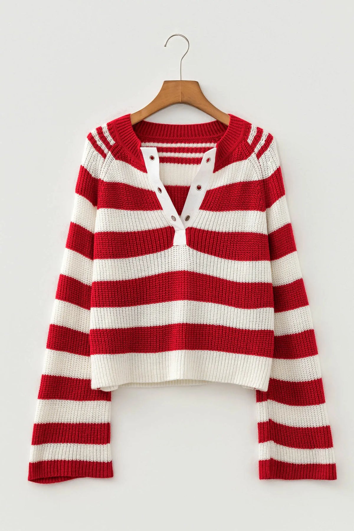 Red Stripe Striped Colorblock V Neck Long Sleeve Shift Sweater hanging view · nz-alt-v1