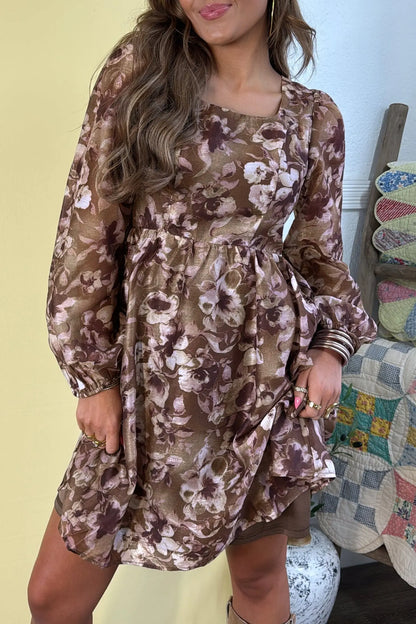 Brown Abstract Floral Print Square Neck Long Sleeve Mini Shift Dress