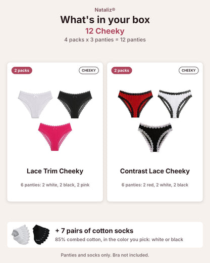 Stock-Up Bundle: 12 Women's 95% Cotton Panties + 7 Pairs Cotton Socks