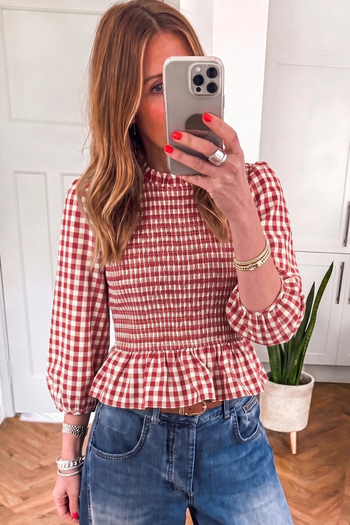 Green 3/4 Sleeve Shirred Plaid Peplum Top