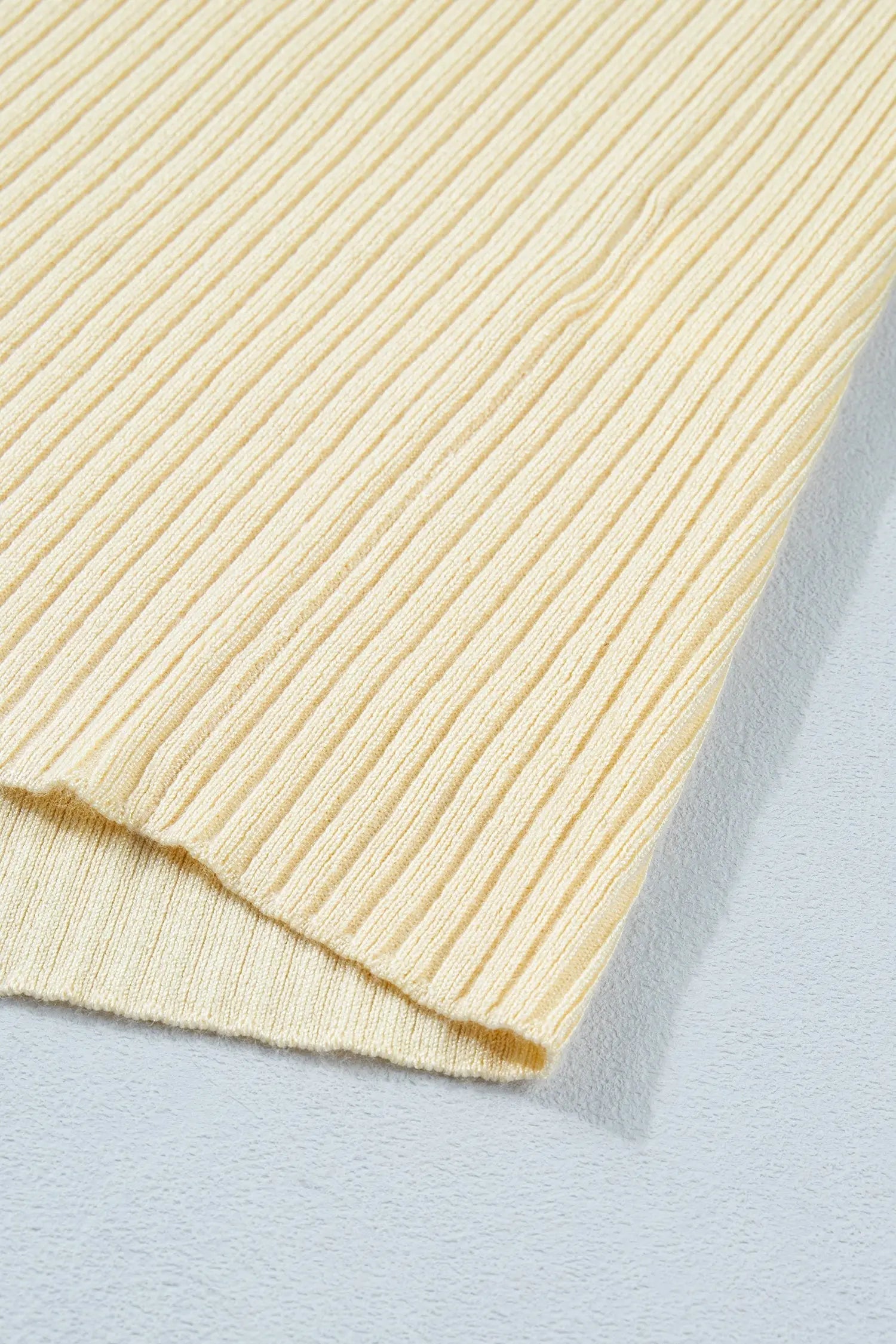 Apricot V Neck Ribbed Knit Striped Trim Short Sleeve Sweater Nataliz