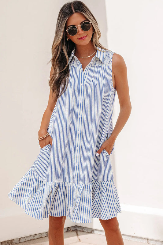Sky Blue Stripe Shirt Collar Shirred Detail Ruffle Hem Sleeveless Dress Nataliz