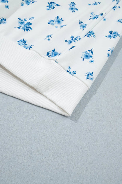 Sky Blue Floral Print Long Sleeve Top Elastic Waist Ruffle Hem Shorts 2pcs Set