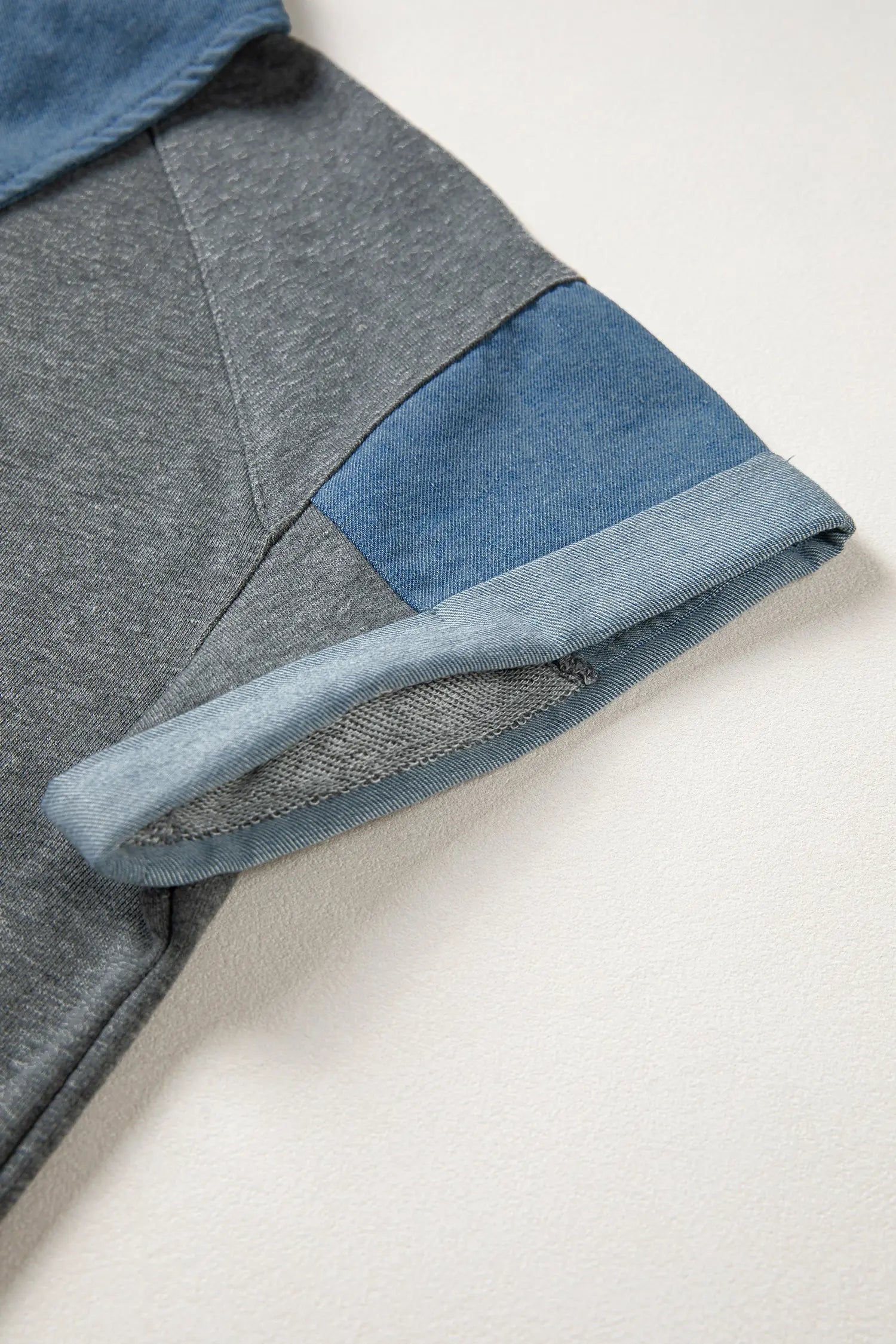 Carbon Grey Denim Color Block Patchwork Shirt Collar Short Sleeve Blouse Nataliz