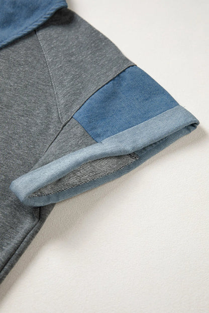 Carbon Grey Denim Color Block Patchwork Shirt Collar Short Sleeve Blouse Nataliz