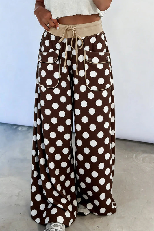 Brown Polka Dot Drawstring Pocket Wide Leg Pants model front view · nz-alt-v1
