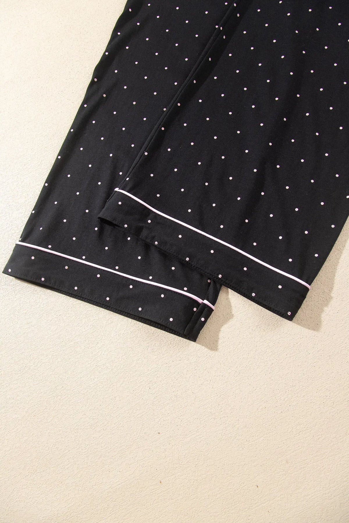 Black Polka Dot Long Sleeve Shirt Lace Detail Two Piece Pajama Pant Set