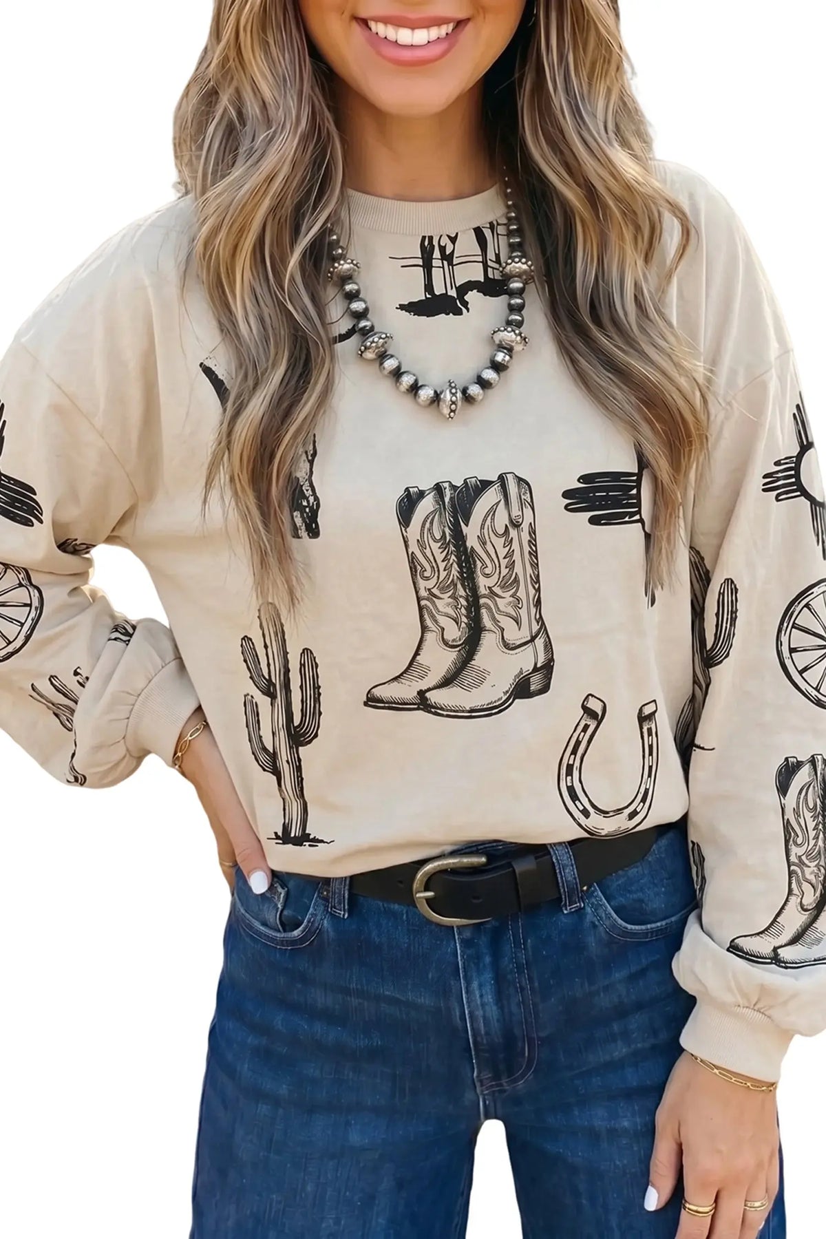 Khaki western print long sleeve round neck loose top model front view · nz-alt-v1