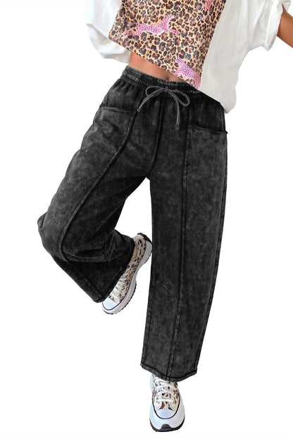 Black Mineral Wash Raw Seam Drawstring Elastic Waist Barrel Pants