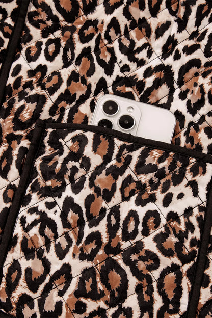 Brown Leopard Print Quilted Button Front Patch Pockets Jacket