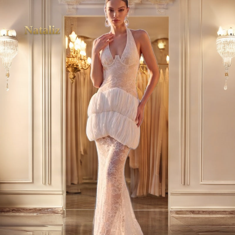 Halter Neck Lace Maxi Dress with Ruched Peplum model front view