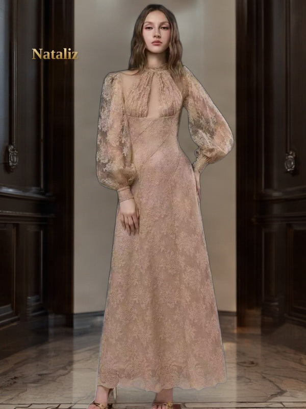 Floral Lace Puff Sleeve Maxi Dress model front view