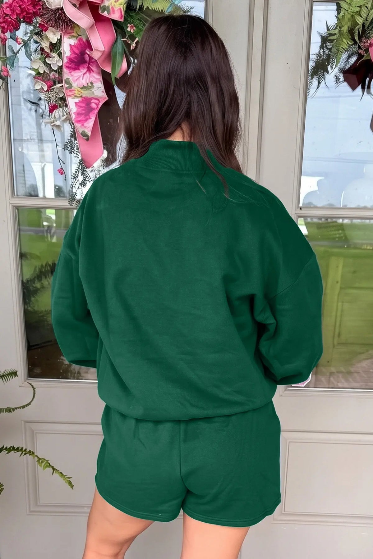 Dark Green Christmas Slogan Print Mock Neck Pullover and Shorts Set model back view · nz-alt-v1